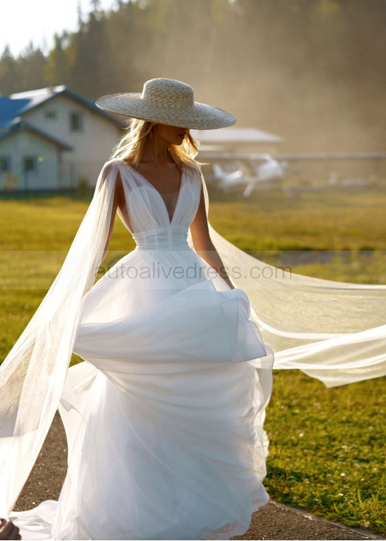 V Neck White Tulle Open Back Flowing Wedding Dress